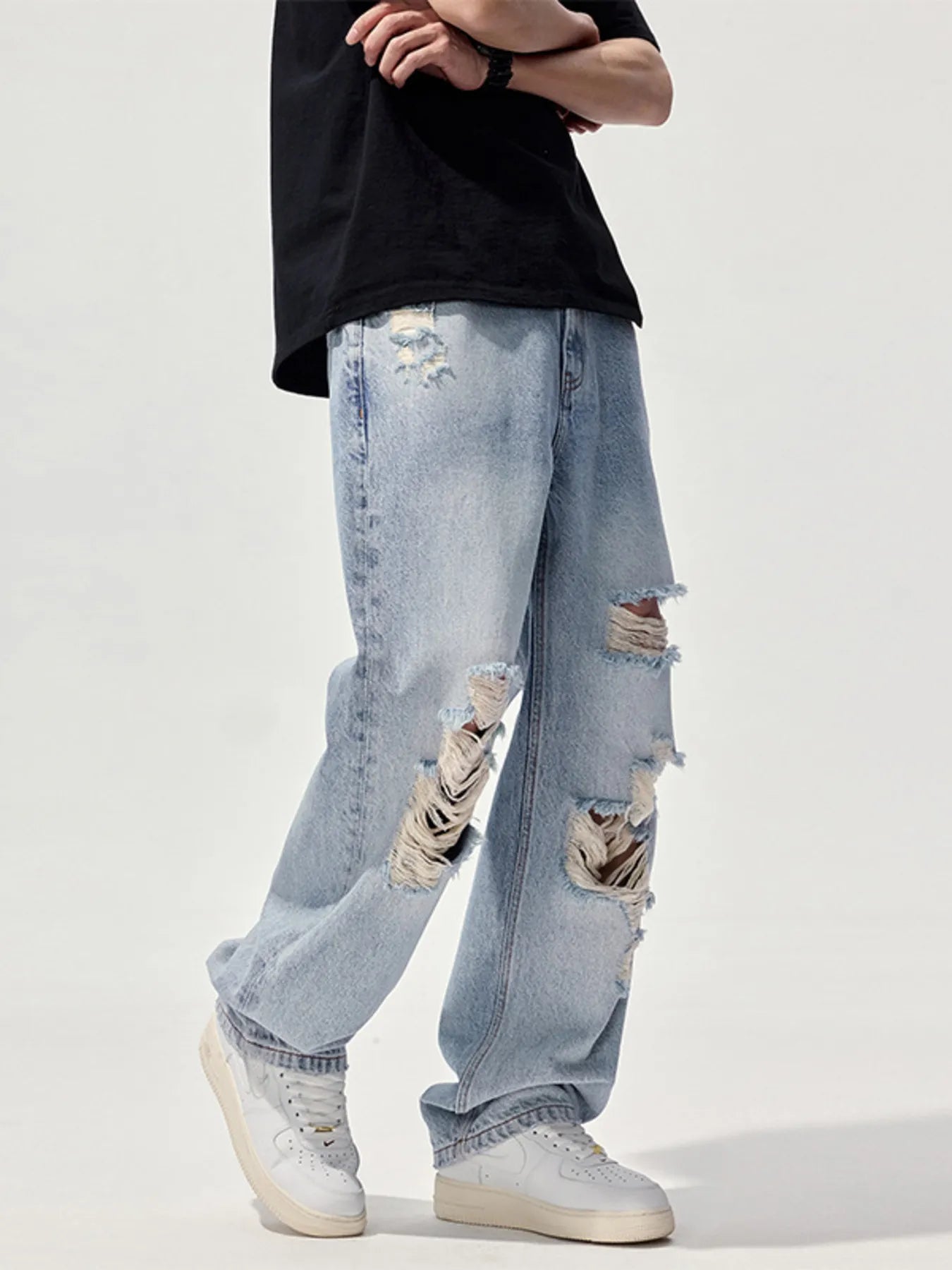 Men's Distressed Washed Wide Leg Jeans