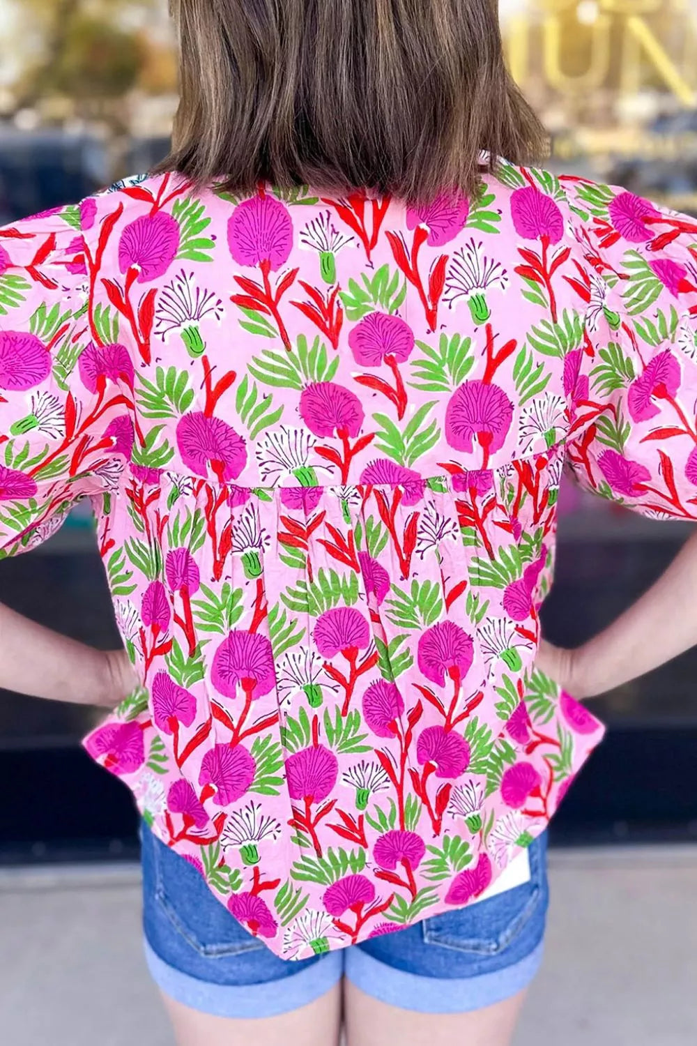 Floral Print Short Sleeve Contrast Patchwork Tassel Tie Blouse