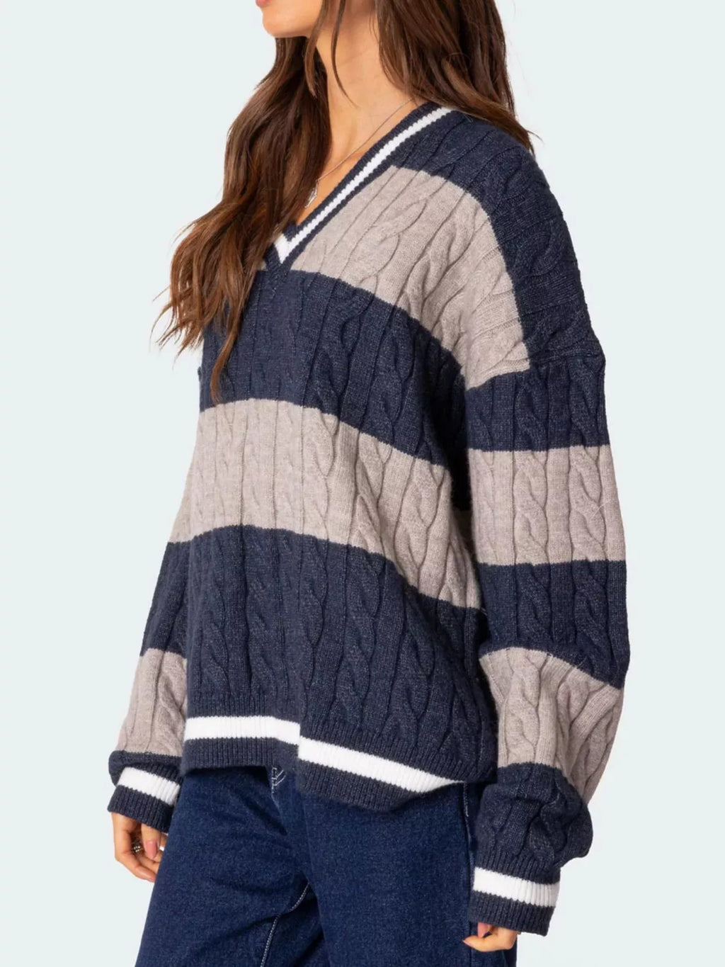 Striped Cable Knit V-Neck Sweater