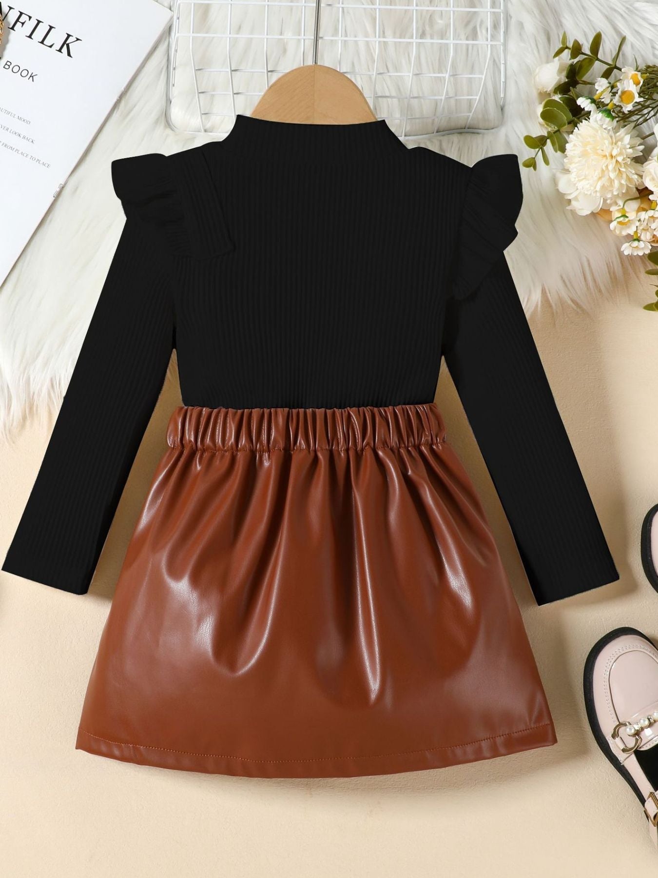 Children's Ruffled Trim Ribbed Top & Faux Leather Skirt Set