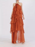 Ruffled Chiffon Halter Neck Maxi Dress