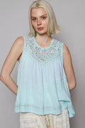 POL Round Neck Sleeveless Top with Crochet Contrast