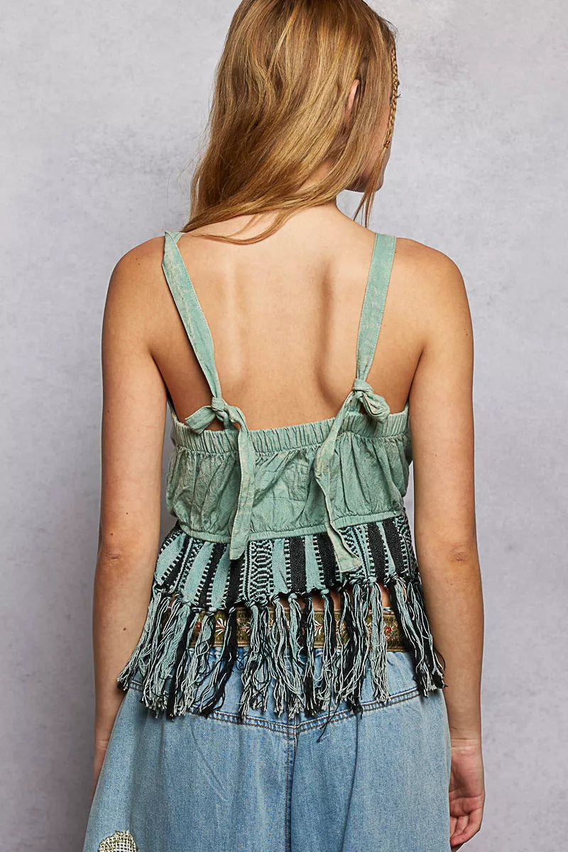 POL Lace-Up Fringe Hem Tank with Lace Detail