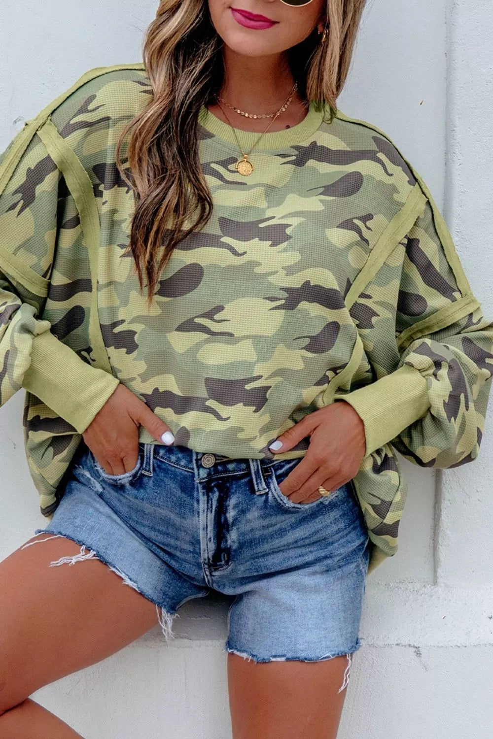 Camouflage Waffle Knit Raw Edge Contrast Trim Oversized Long Sleeve Top