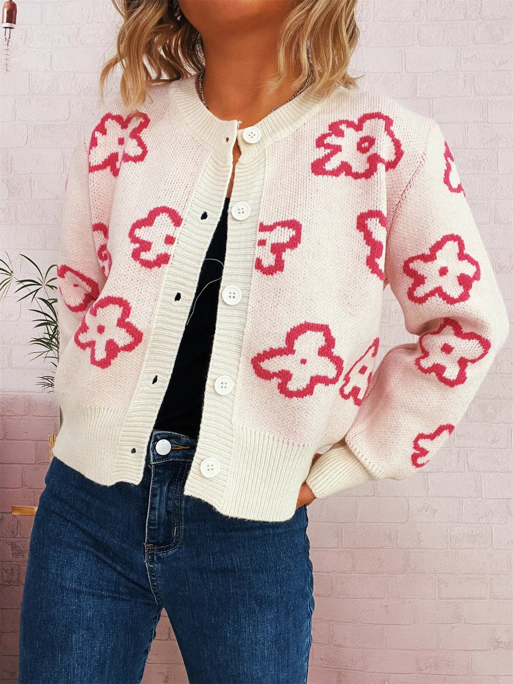 Floral Pattern Button-Up Cardigan