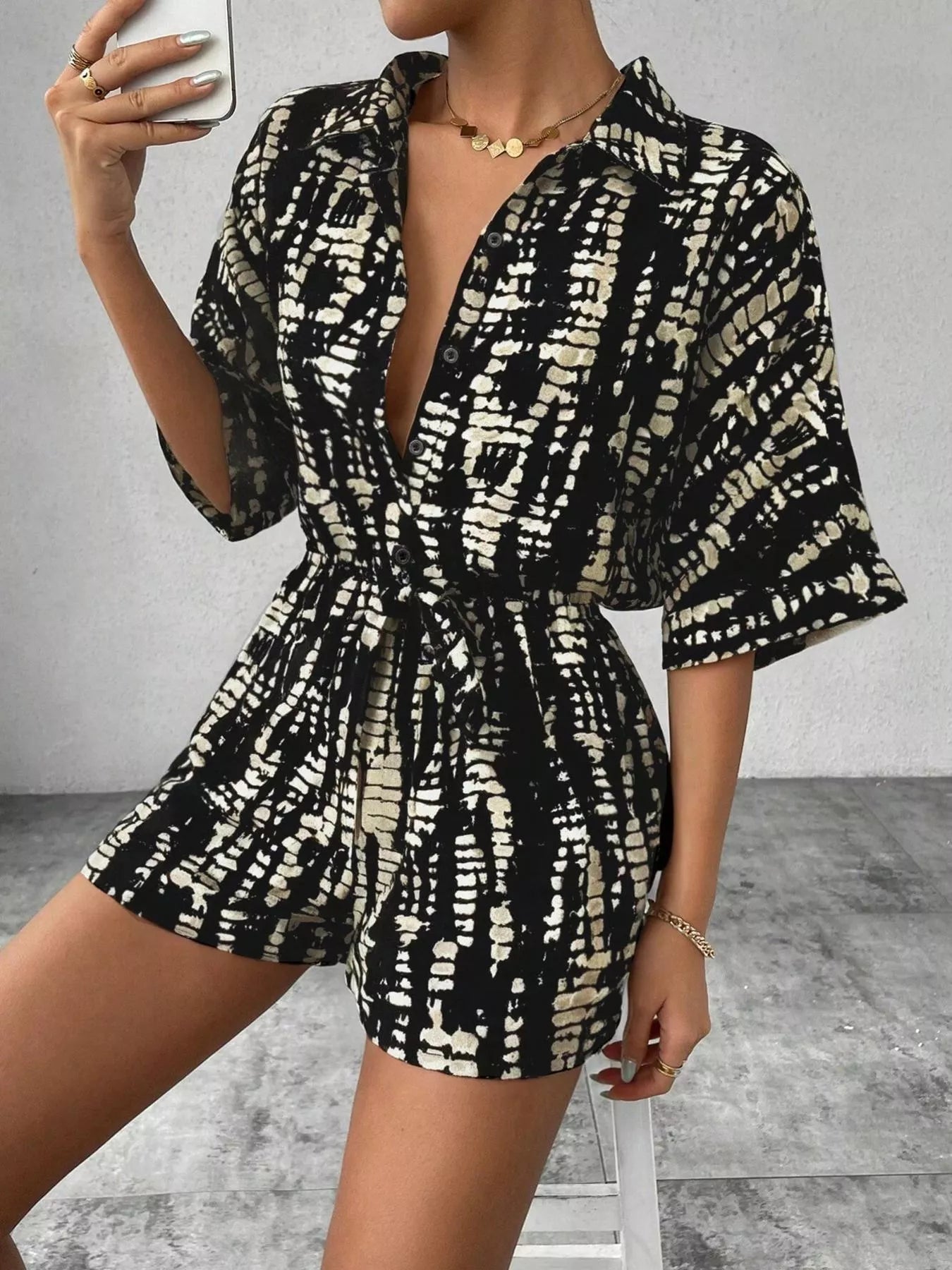 Striped Button-Up Belted Romper