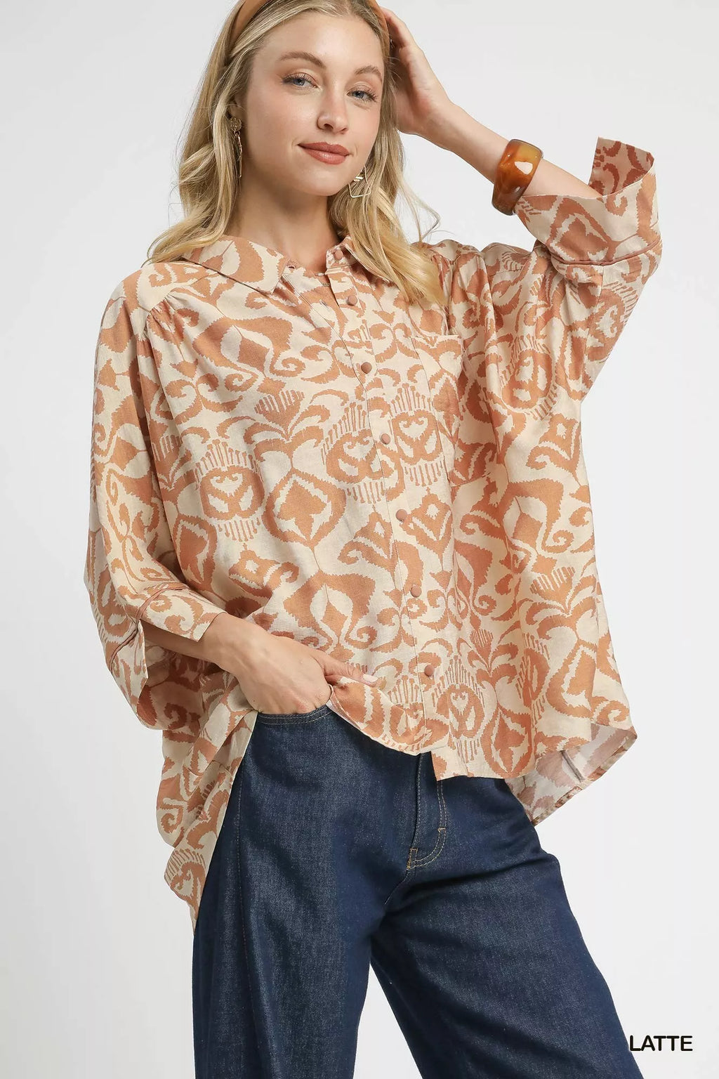 Umgee Abstract Print Button-Up Oversized Shirt