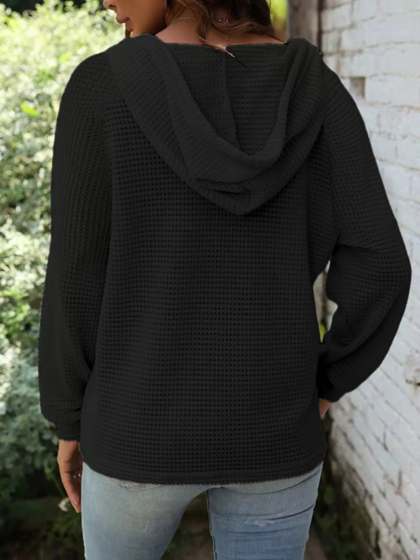 Full Size Button Detail Waffle Knit Hoodie Plus Size