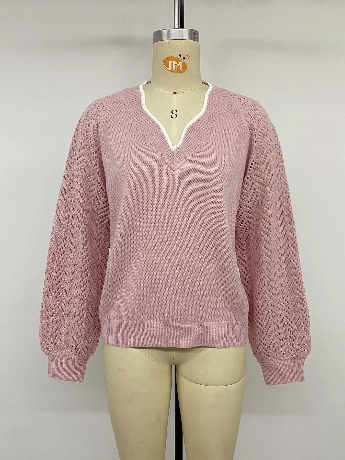 V-Neck Openwork Long Sleeve Sweater