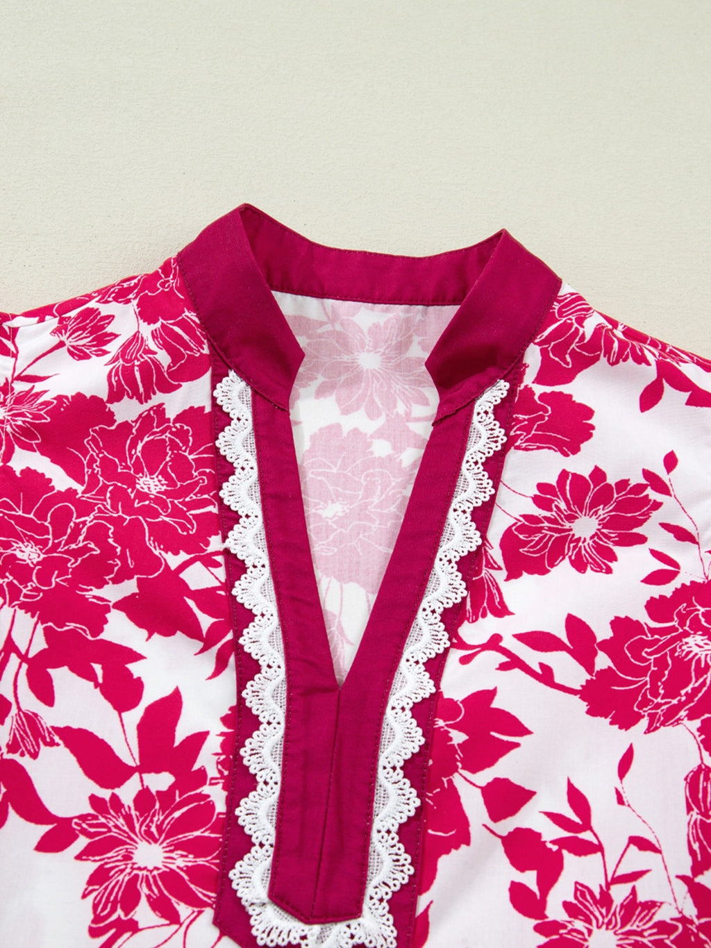 Floral Print Color Block Trim Lace Detail V Neck Flutter Sleeve Blouse