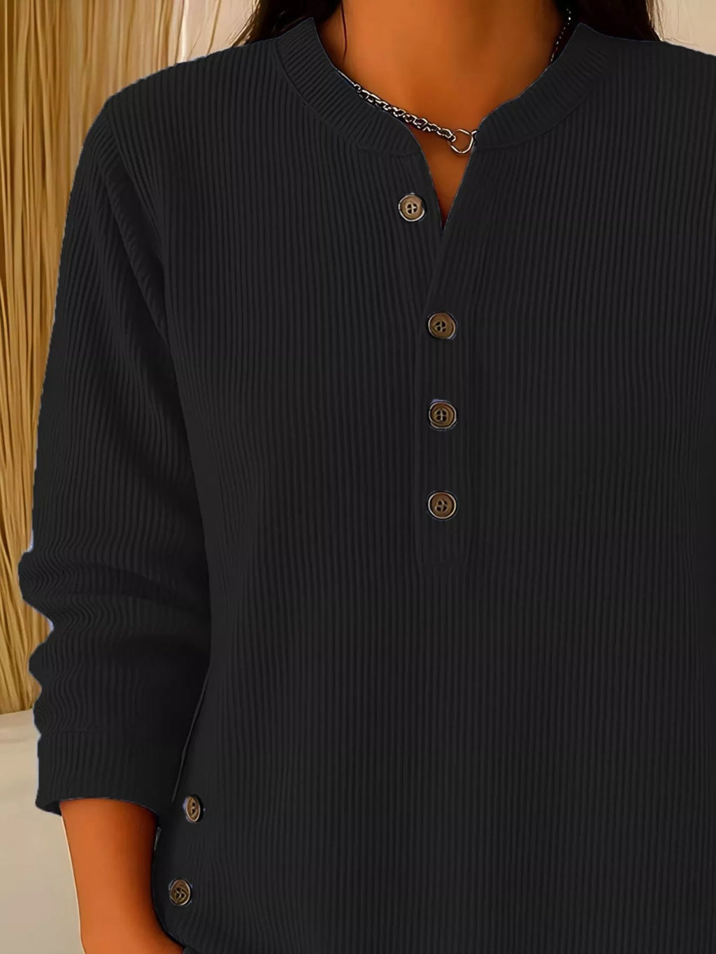 Full Size Ribbed Half Button Henley Top Plus Size