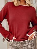 Leopard Bow Decor Split Cuff Contrast Trim Sweater
