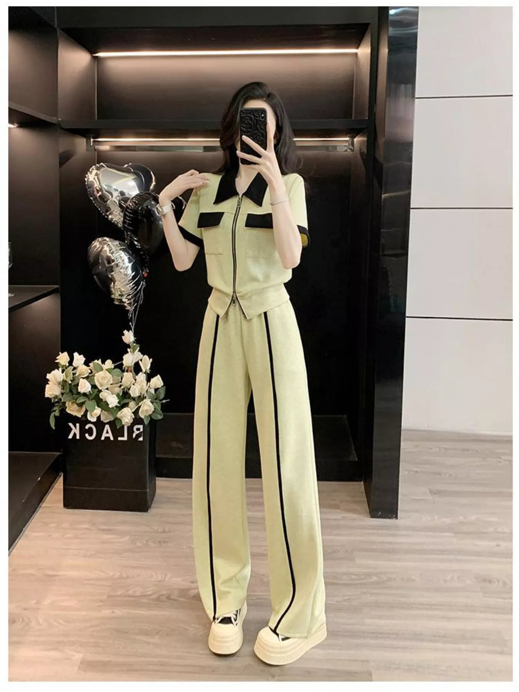 Contrast Zip Up Top and Wide-Leg Pants Set