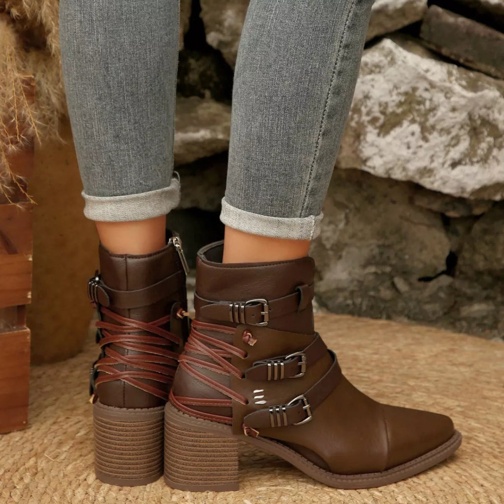 Point Toe Buckle Strap Ankle Boots with Block Heels