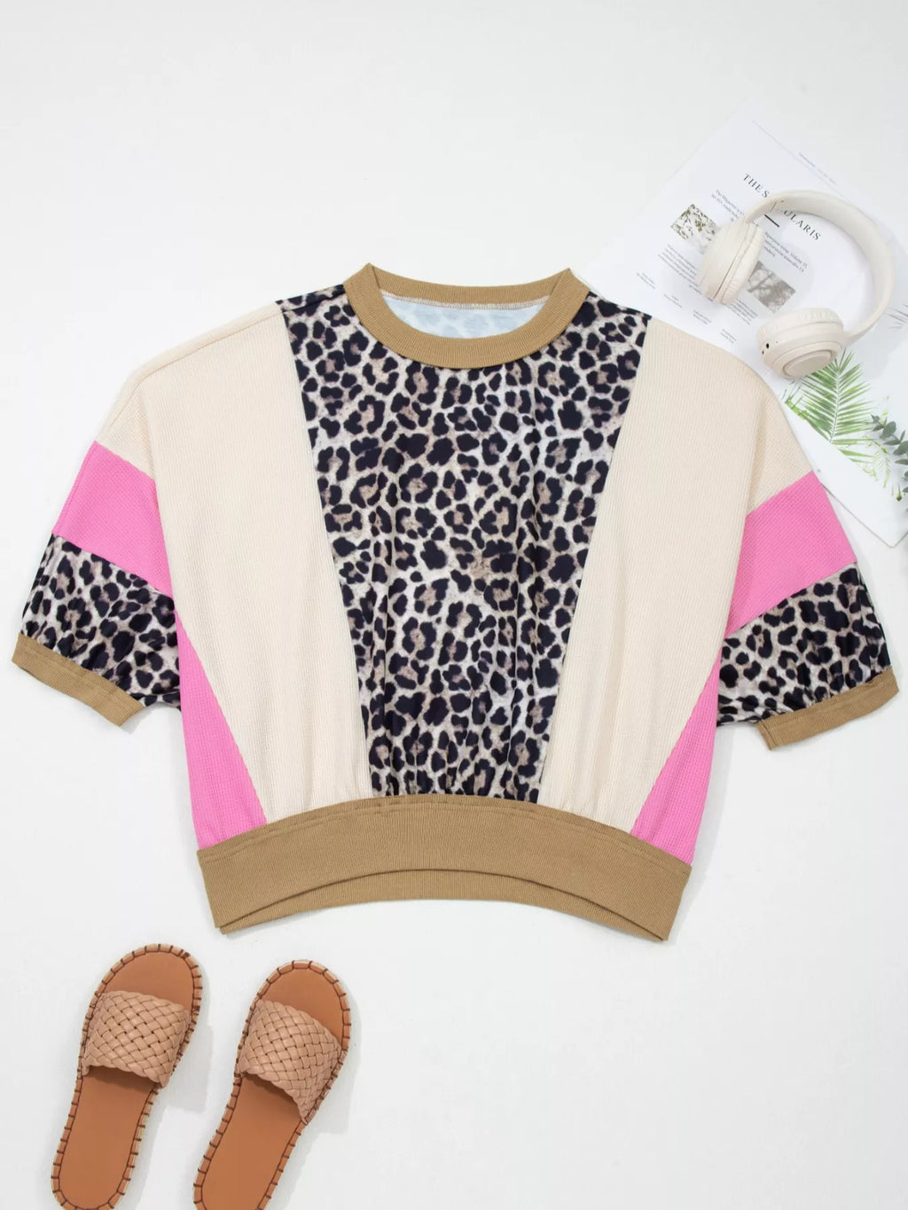 Leopard Print Color Block Round Neck Top