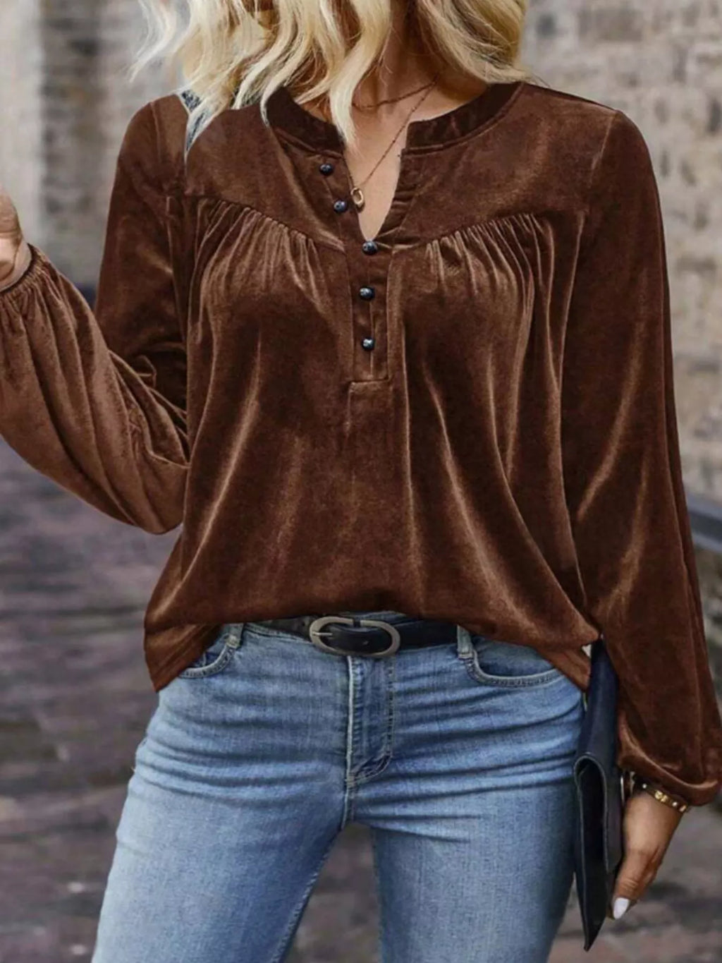 Velvet Notched Long Sleeve Blouse