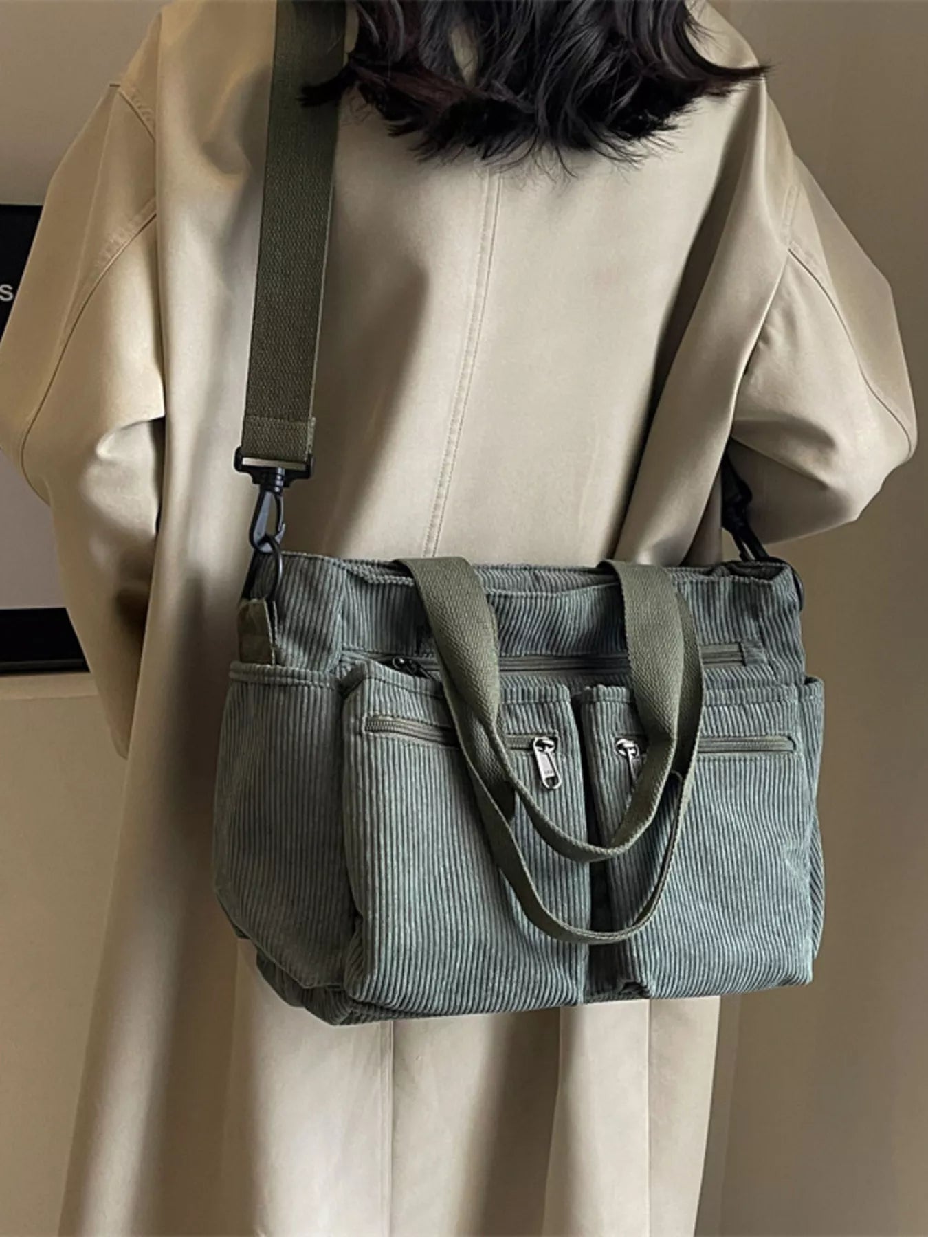 Corduroy Multi-Pocket Crossbody Bag