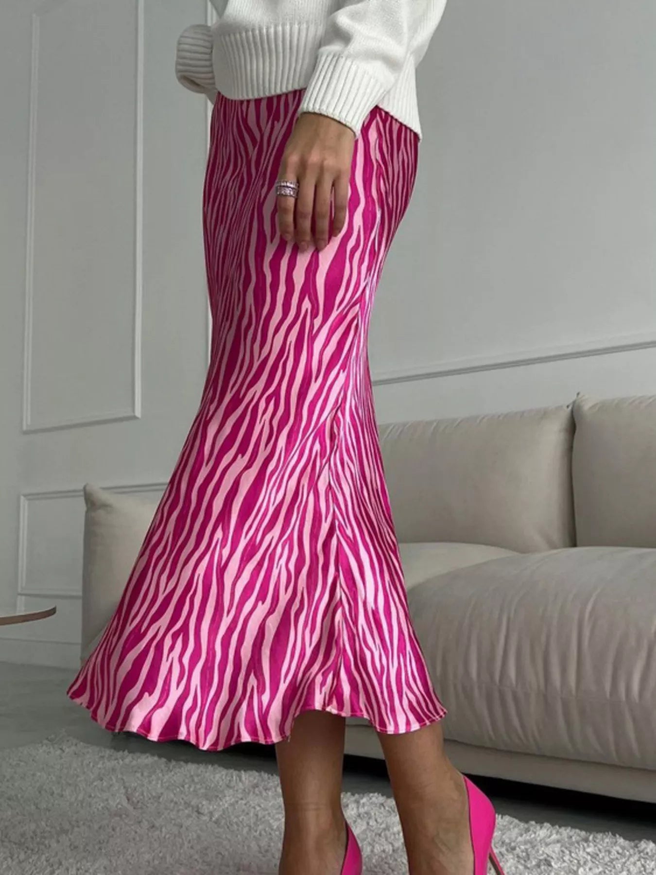 Satin Zebra Print Midi Skirt