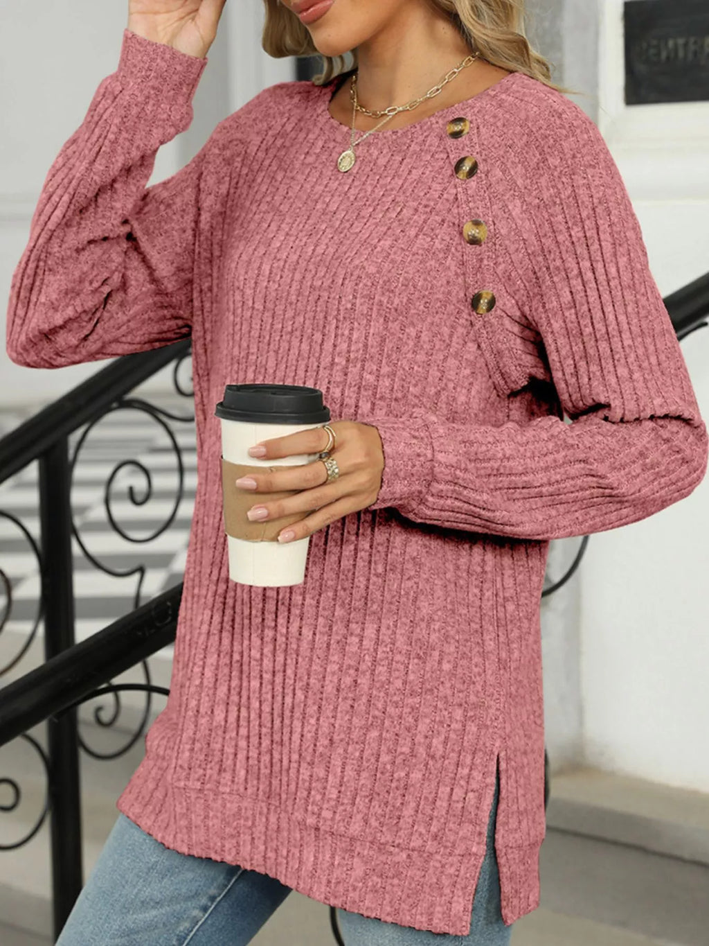 Round Neck Side Slit Ribbed Knit Top with Asymmetric Button Detail