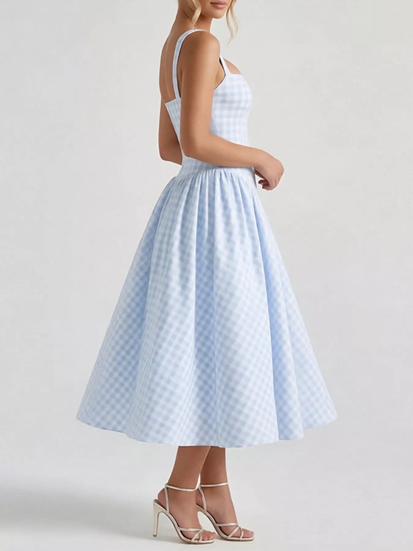 Full Size Plaid Square Neckline Midi Dress Plus Size