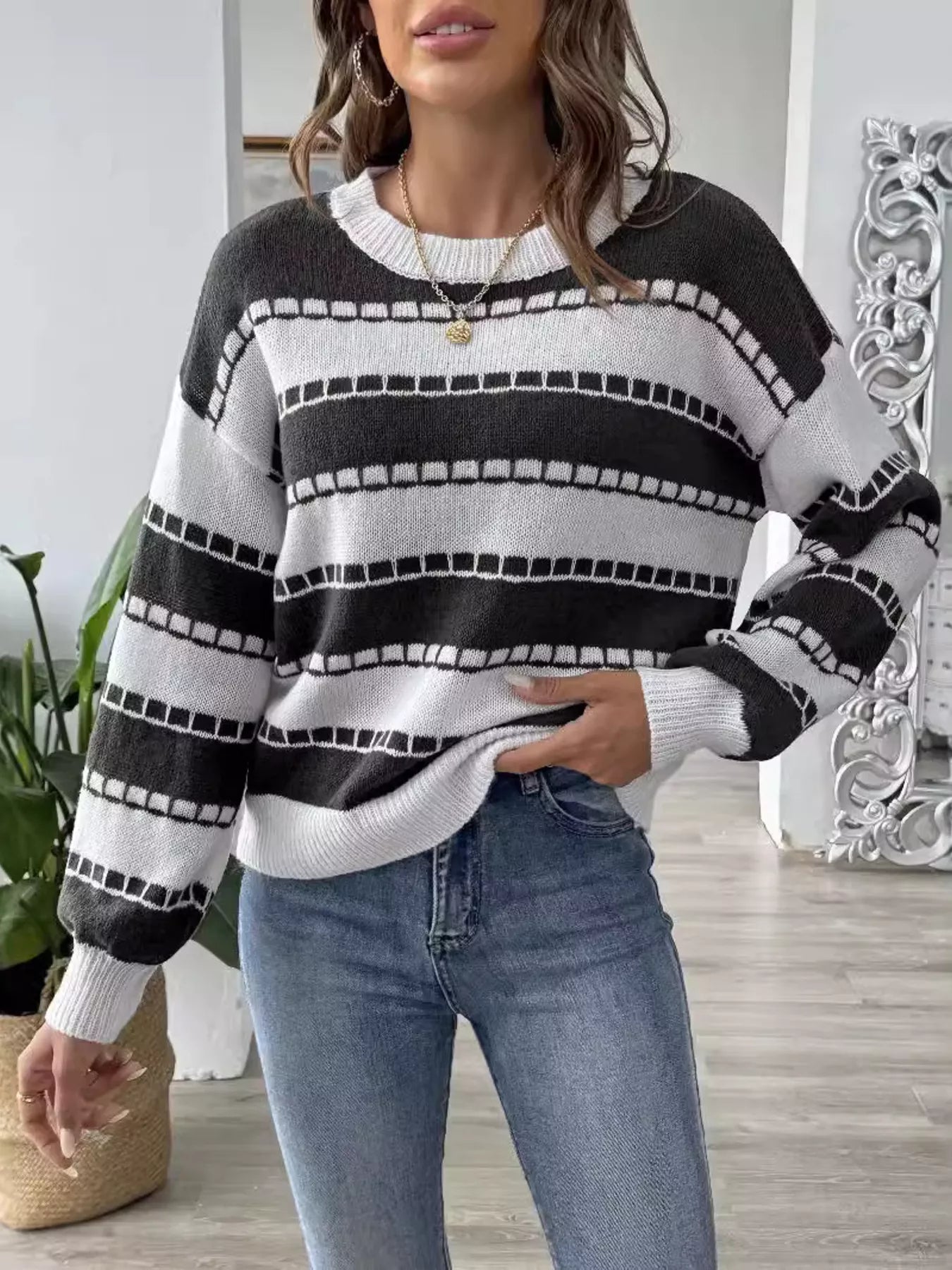 Striped Knit Dropped Shoulder Sweater