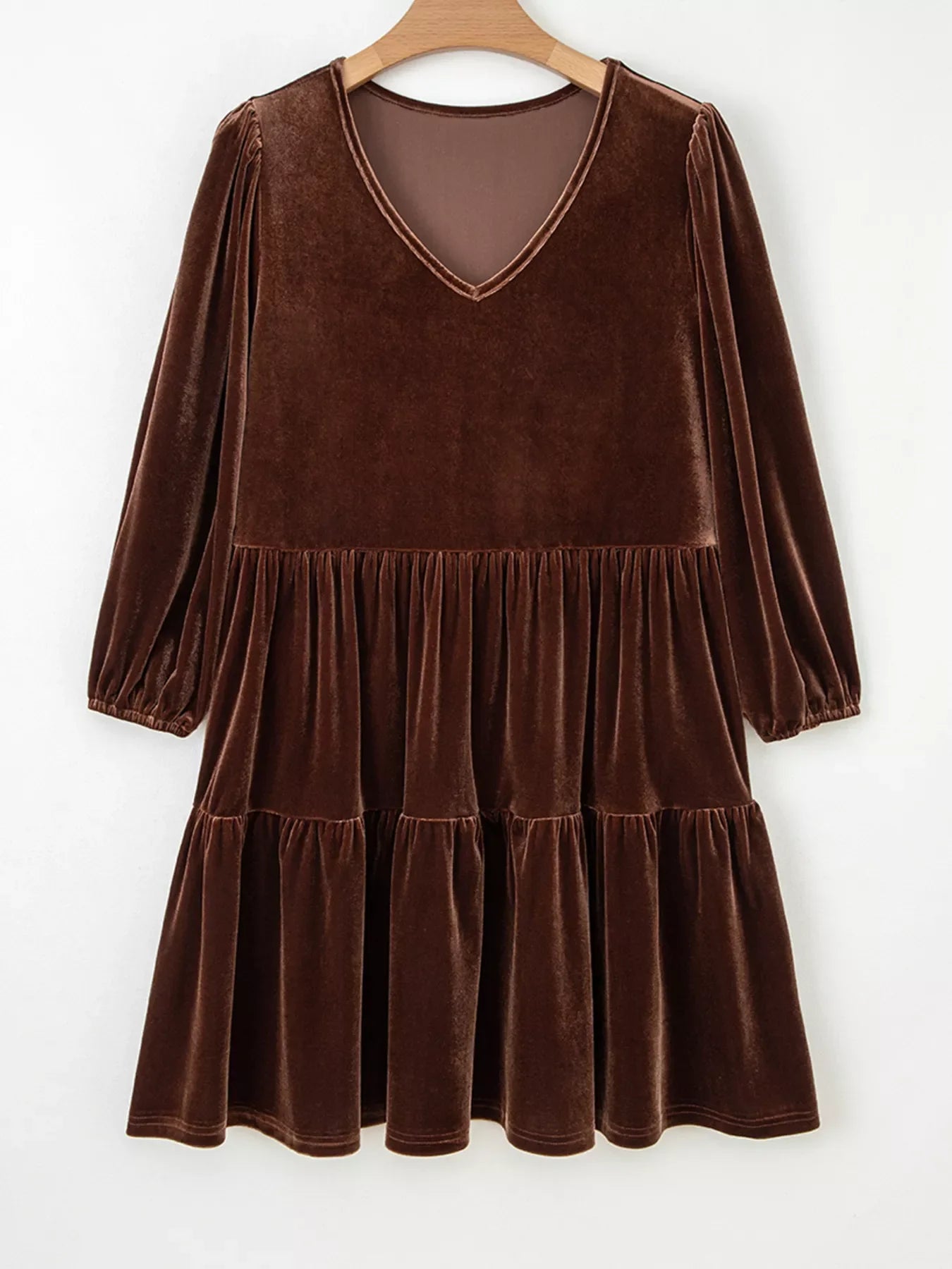 Solid Color Velvet V Neck Long Sleeve Tiered Mini Dress