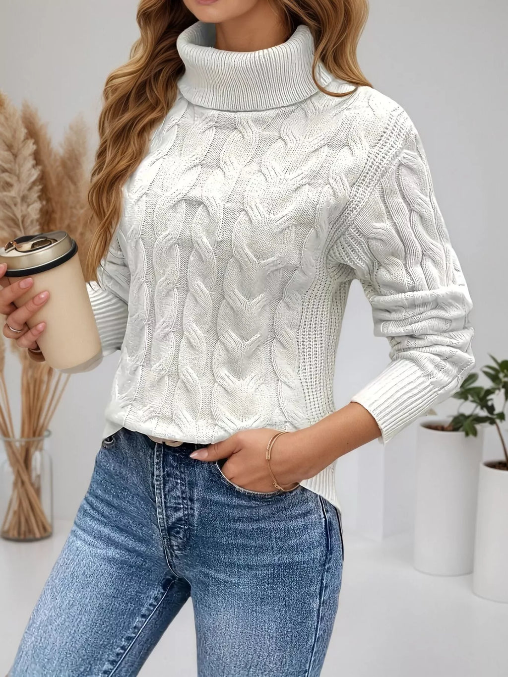 Cable Knit Turtleneck Long Sleeve Sweater