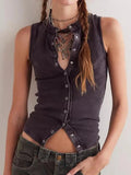 Snap Down Round Neck Ribbed Slim Tank Vest