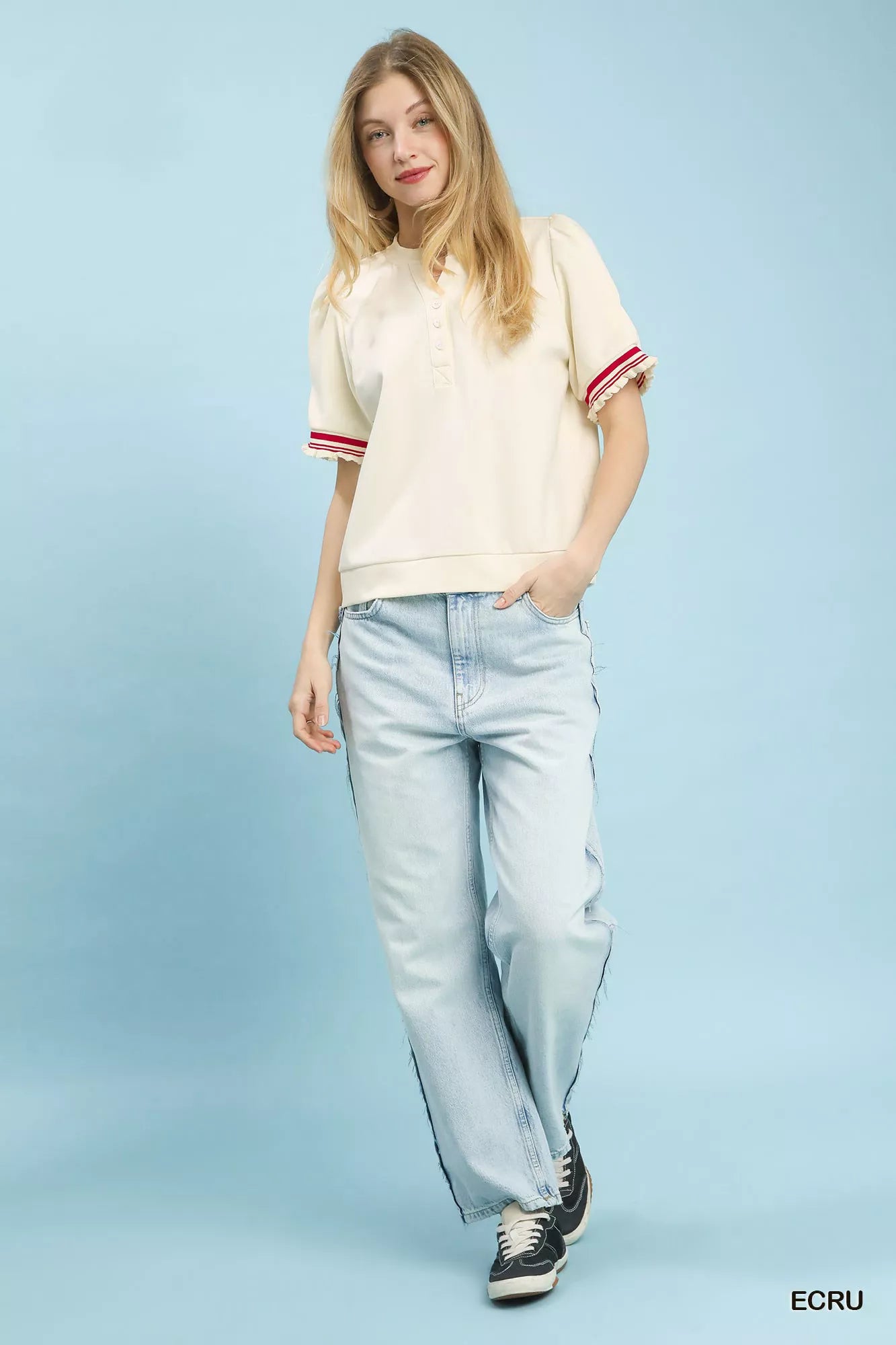 Umgee Puff Sleeve Button Front Top with Contrast Trim
