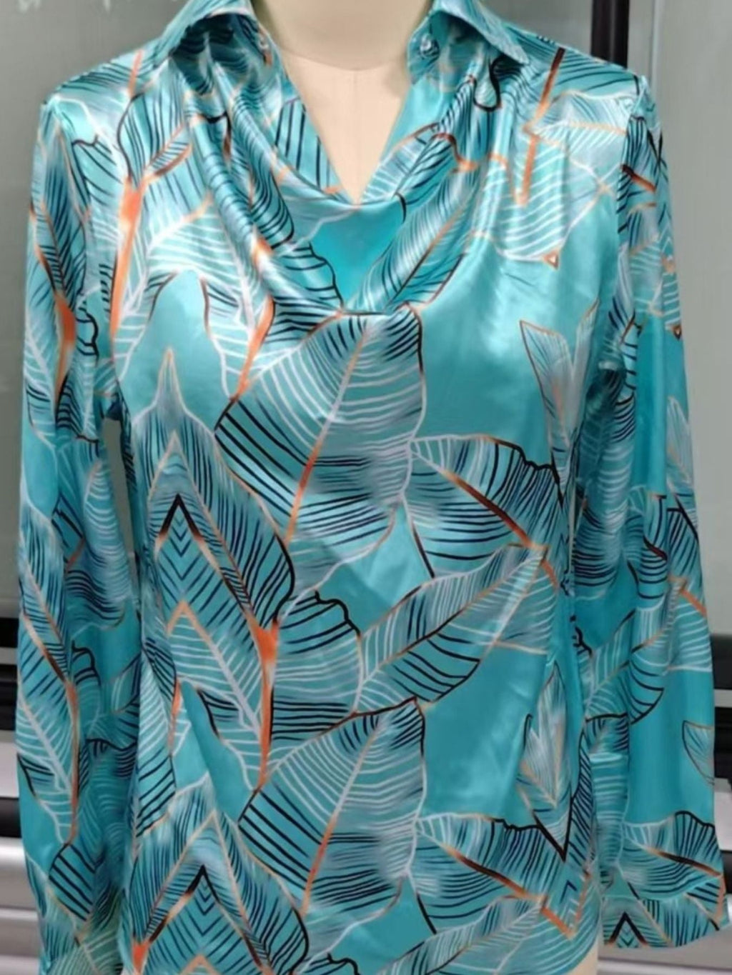 Full Size Satin Leaf Print Button Up Shirt Plus Size