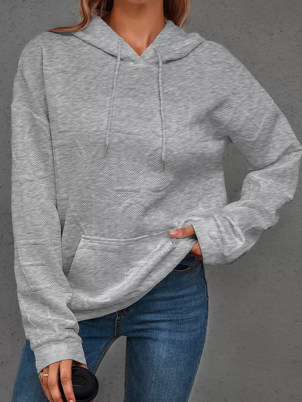 Full Size Textured Embossed Long Sleeve Hoodie Plus Size