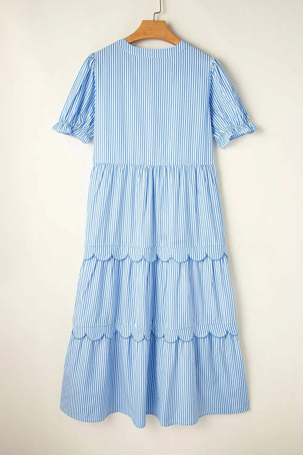 Stripe Bubble Short Sleeve Tiered Scallop Midi Dress
