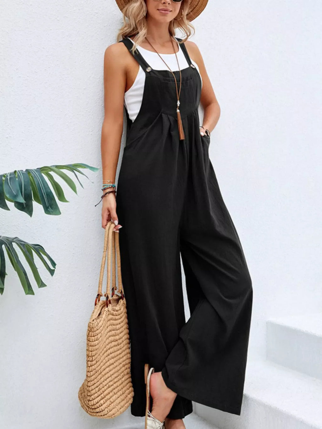 Full Size Casual Wide-Leg Overalls with Pockets Plus Size