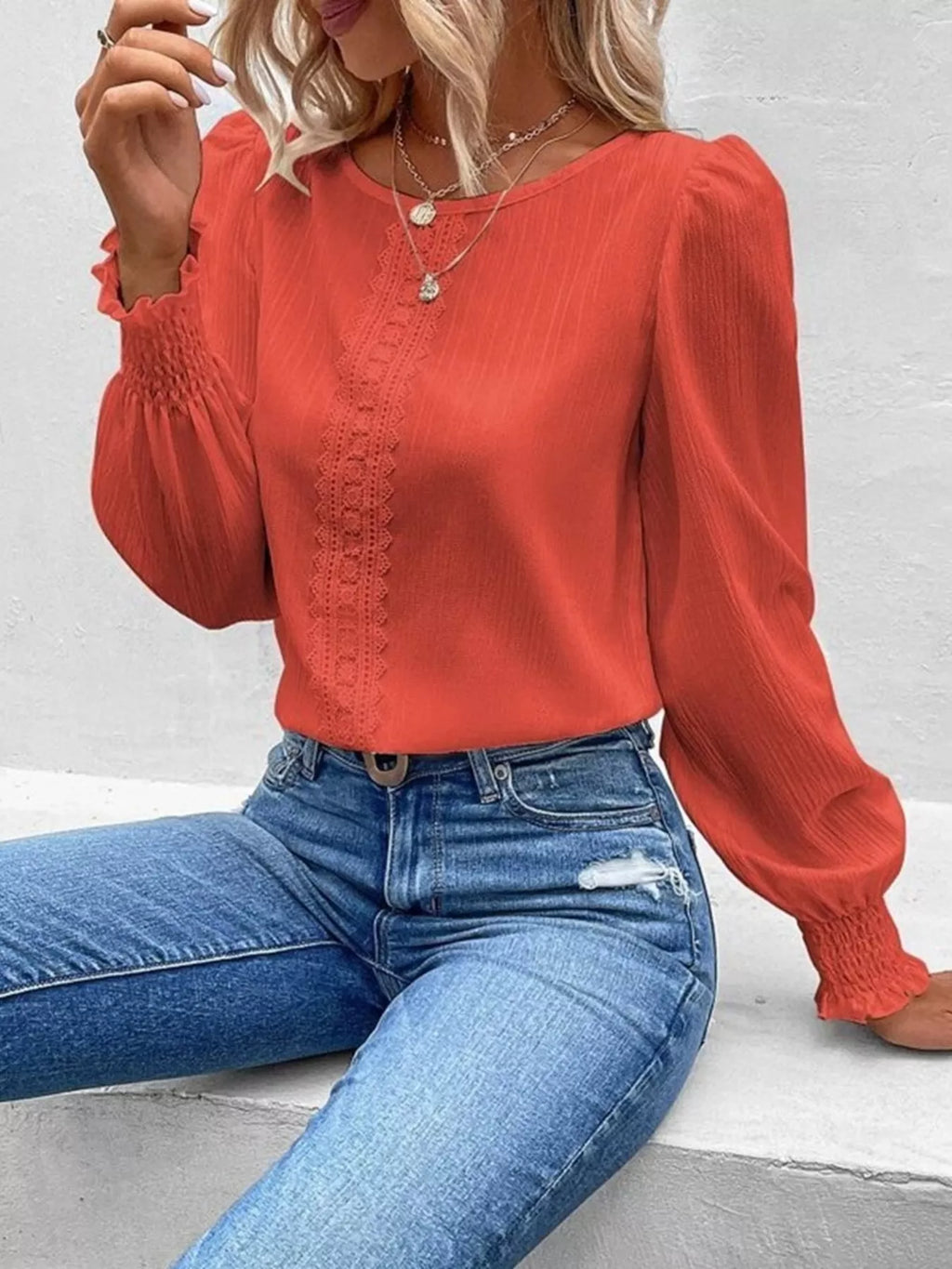 Lace Trim Long Sleeve Blouse