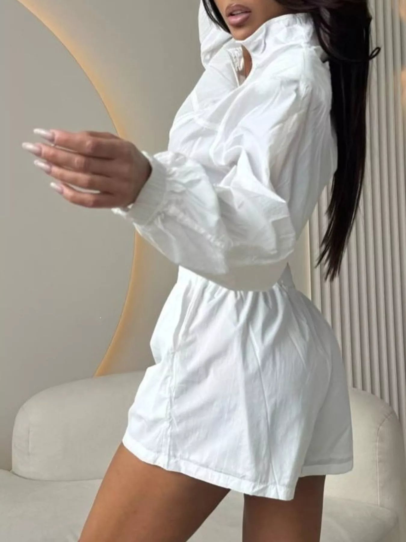 Zip Up Long Sleeve Outerwear and Shorts Set