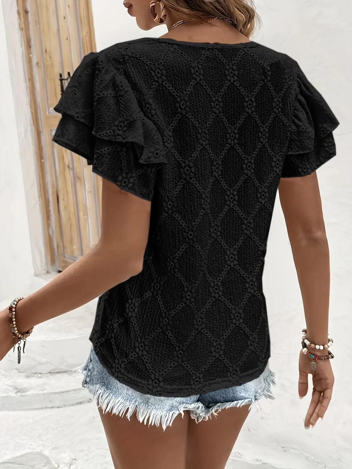 Eyelet V-Neck Short Sleeve Blouse