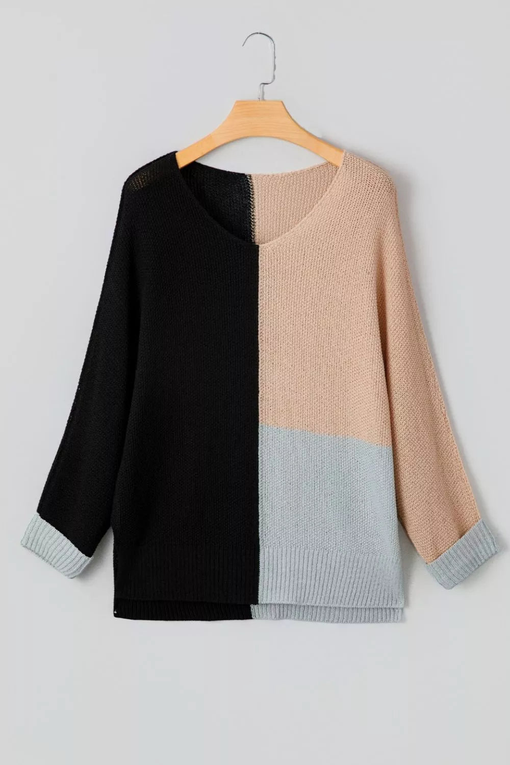 Color Block Knit V Neck Loose Sweater