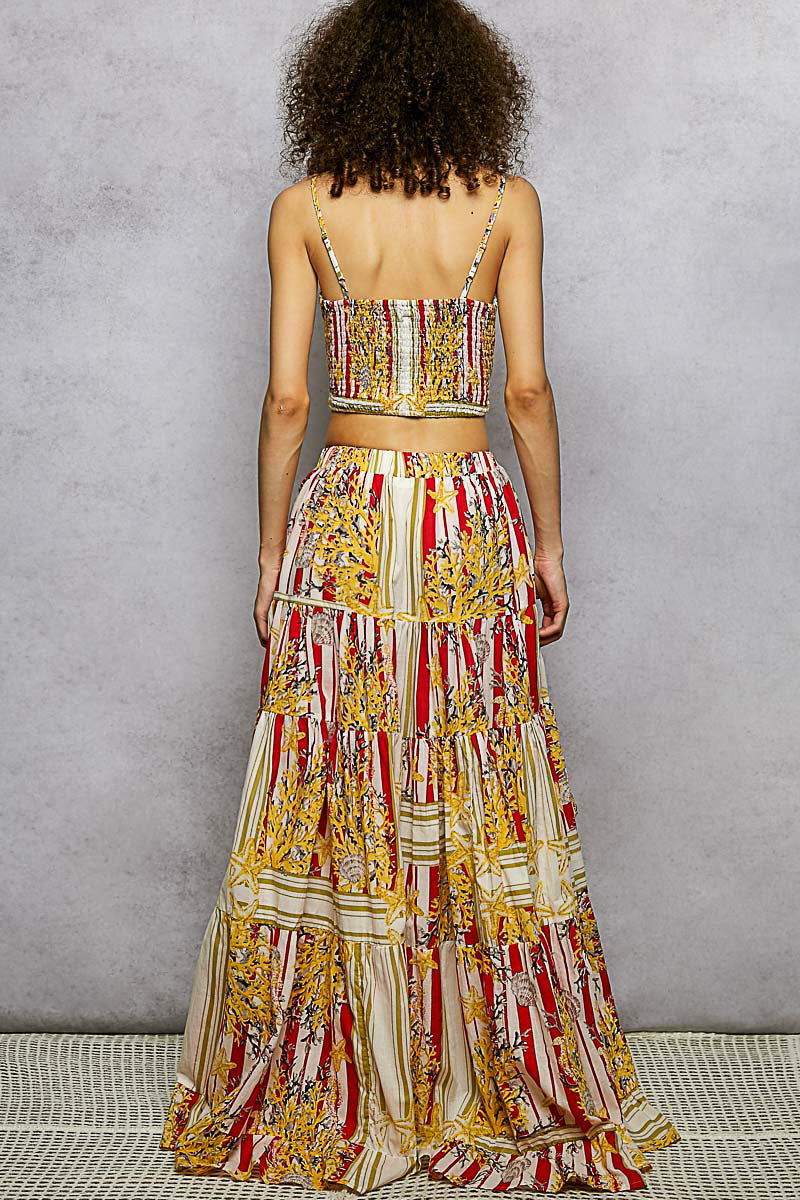 POL Boho Chic Floral Print Crop Top and High-Low Skirt Set
