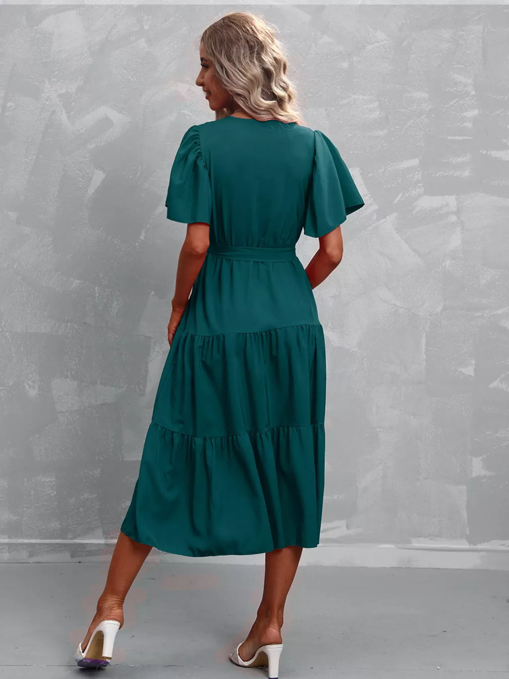 Flutter Sleeve Tiered Midi Dress