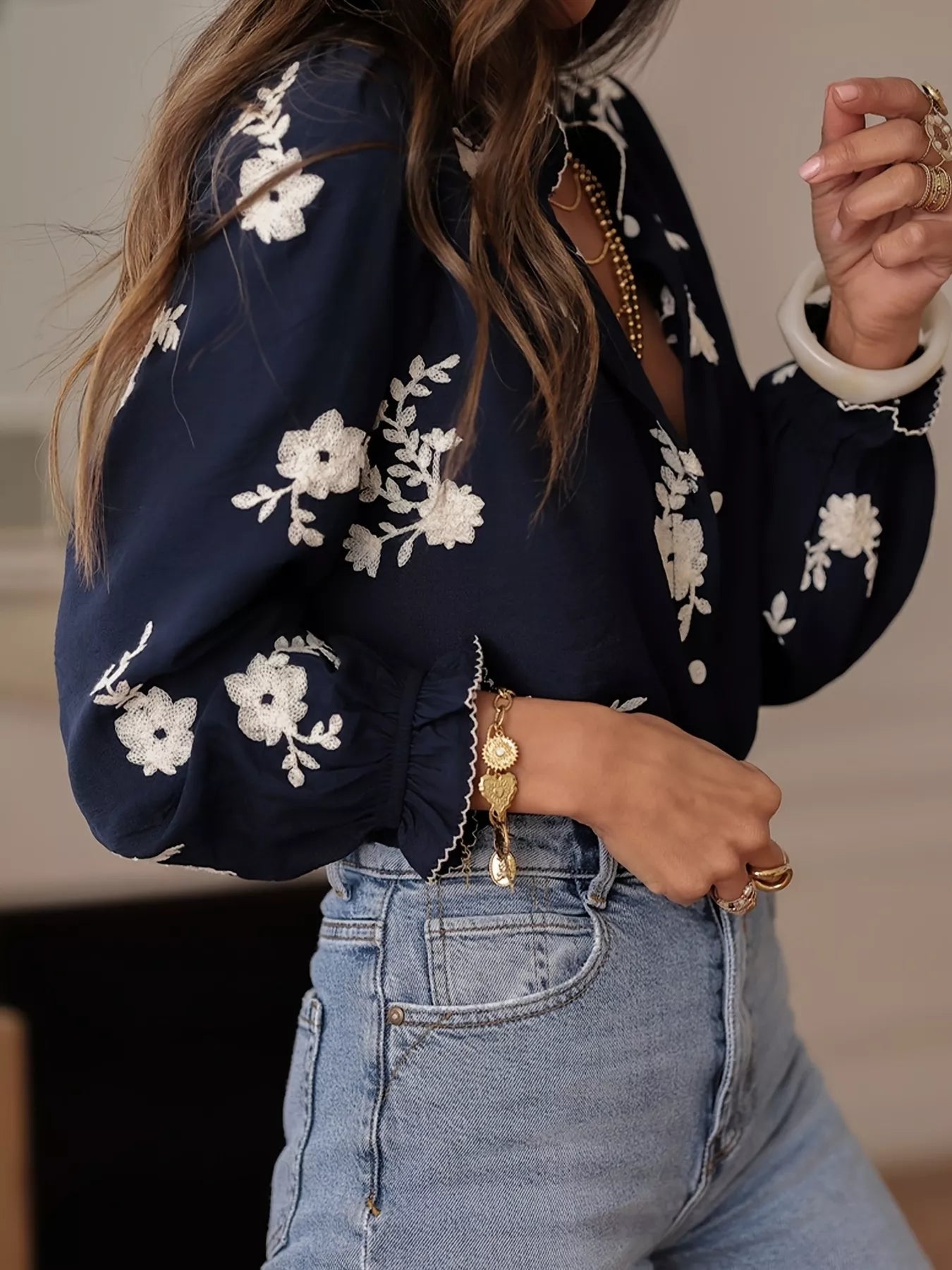 Floral Embroidered Long Sleeve Shirt