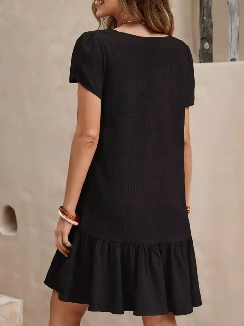 V-Neck Ruffle Hem Textured Mini Dress