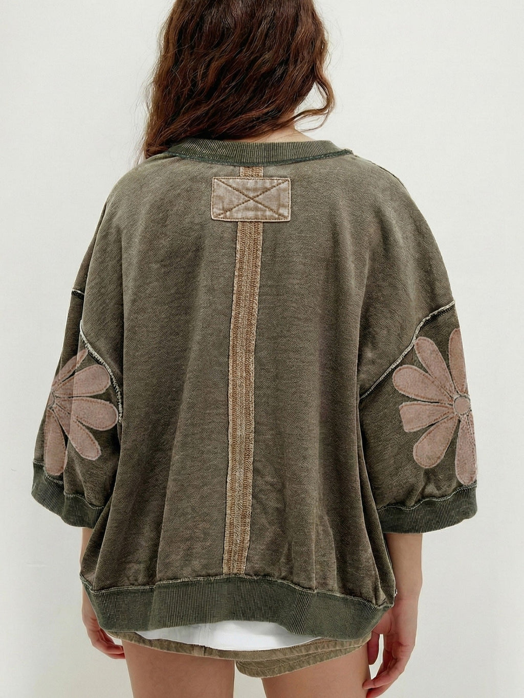 Mineral Wash Raw Seam Patchwork Flower Patched 3/4 Sleeve Loose Top