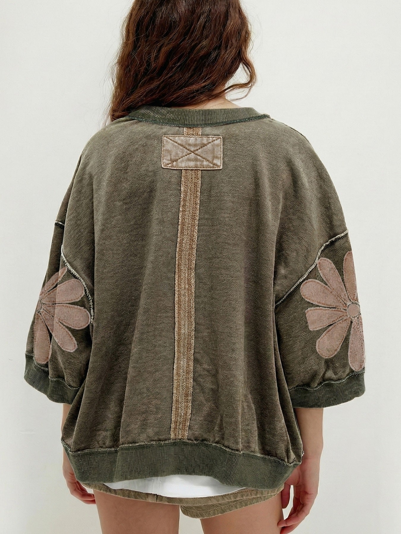 Mineral Wash Raw Seam Patchwork Flower Patched 3/4 Sleeve Loose Top