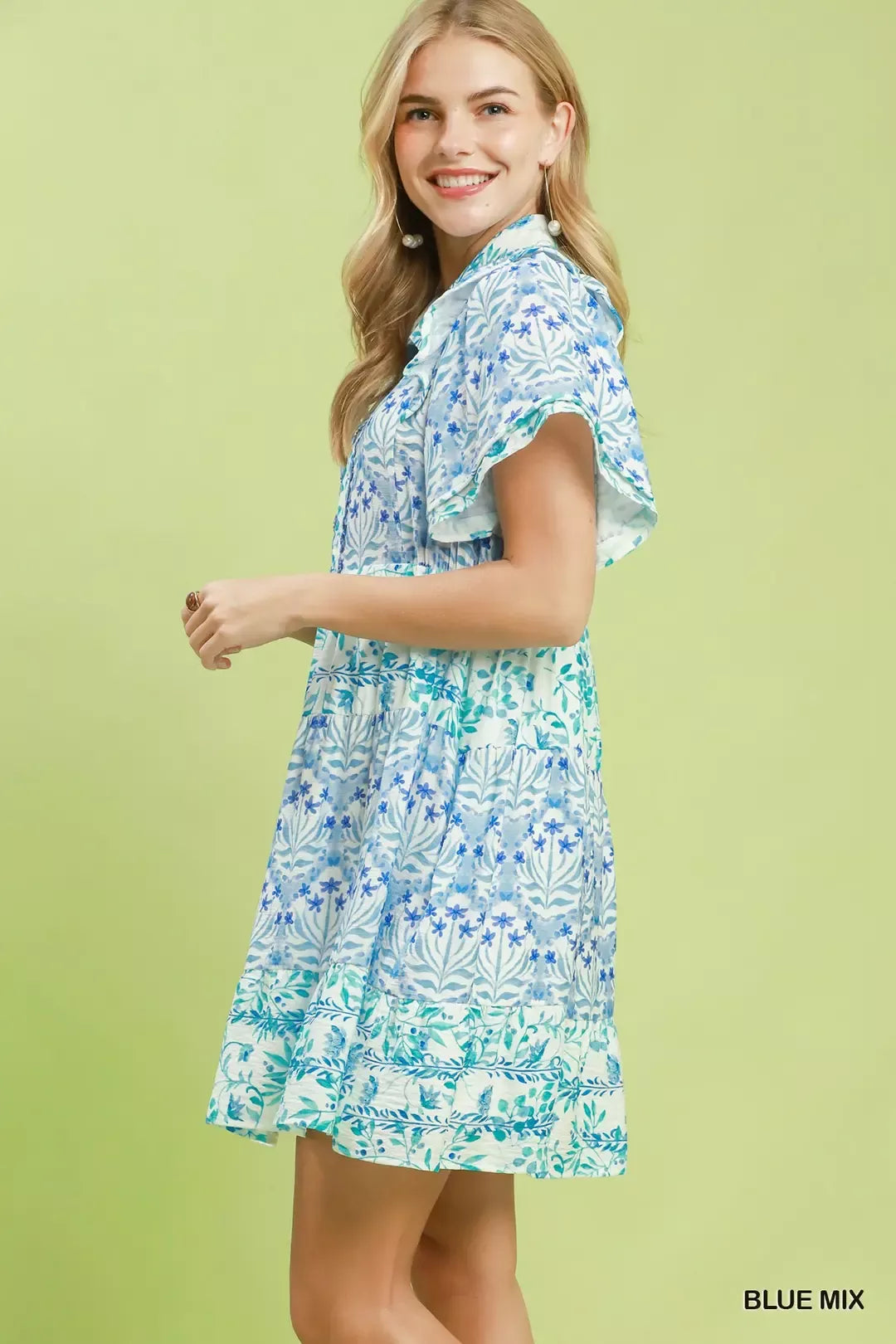 Umgee Mixed Floral Tiered Mini Dress with Flutter Sleeves