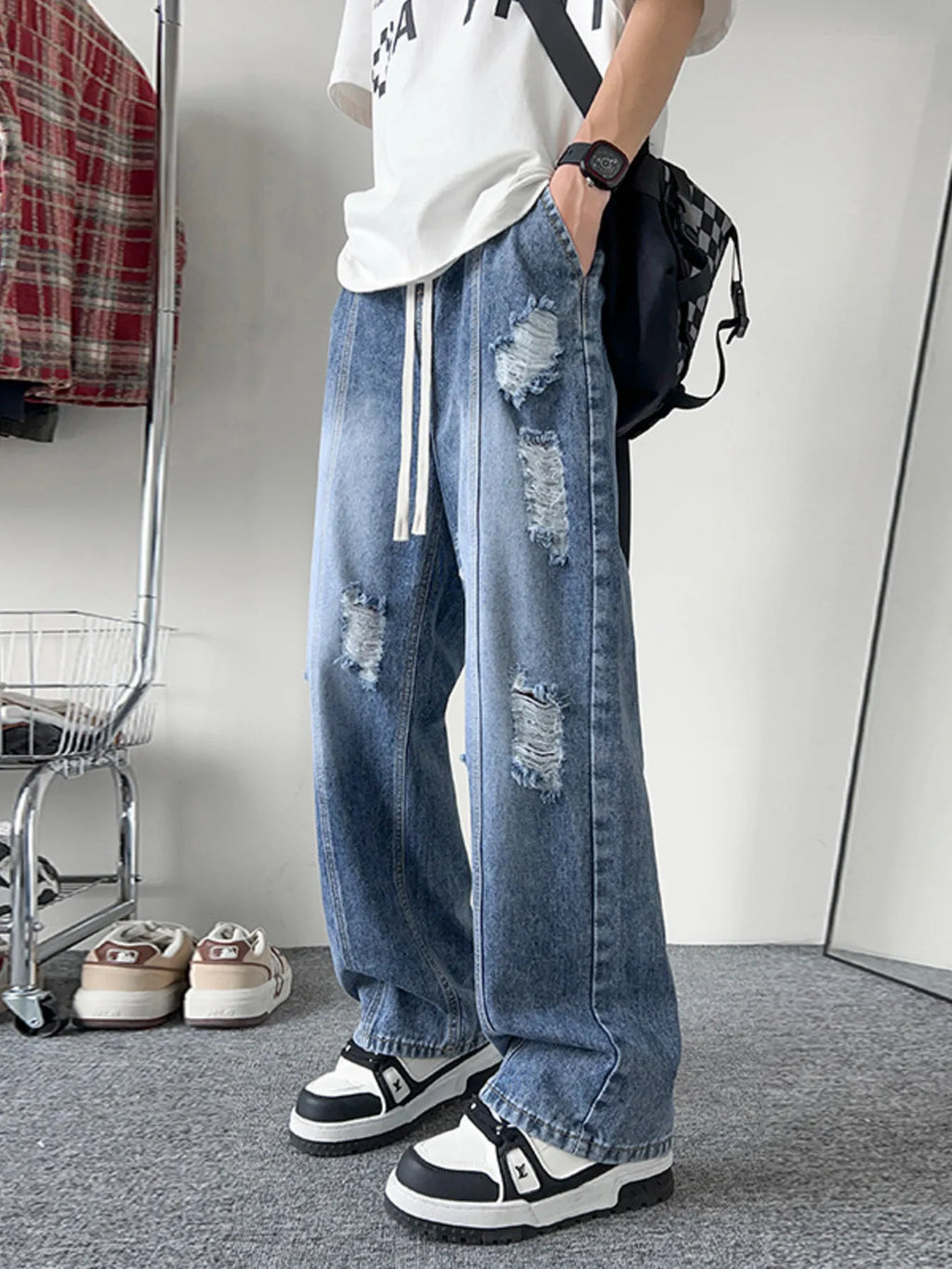 Men's Full Size Distressed Wide Leg Jeans Plus Size
