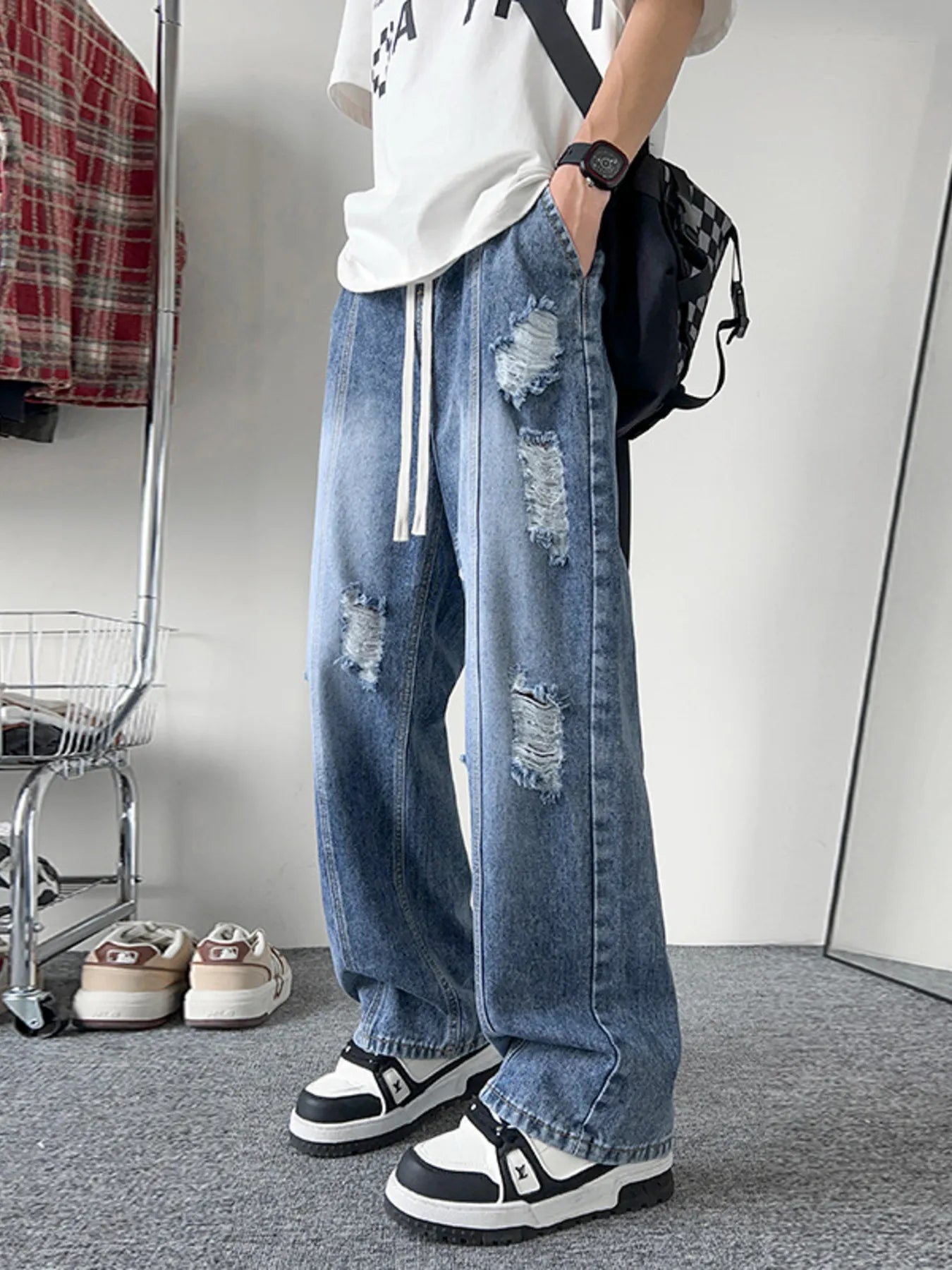Men's Full Size Distressed Wide Leg Jeans Plus Size