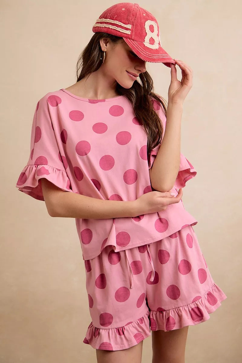 BiBi Polka Dots Printed Ruffled Detail Top And Shorts Set