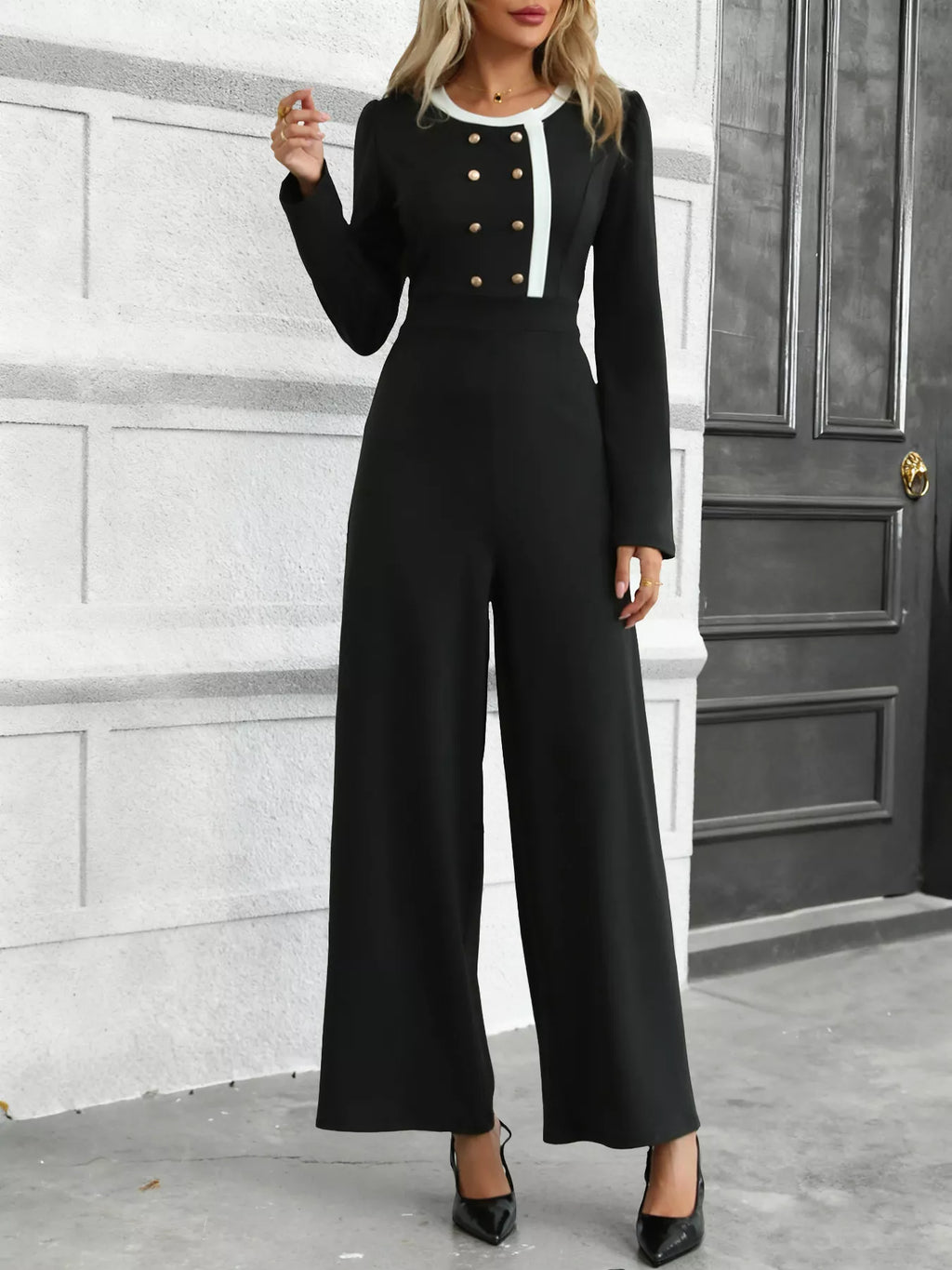 Button-Decor Long Sleeve Wide Leg Jumpsuit