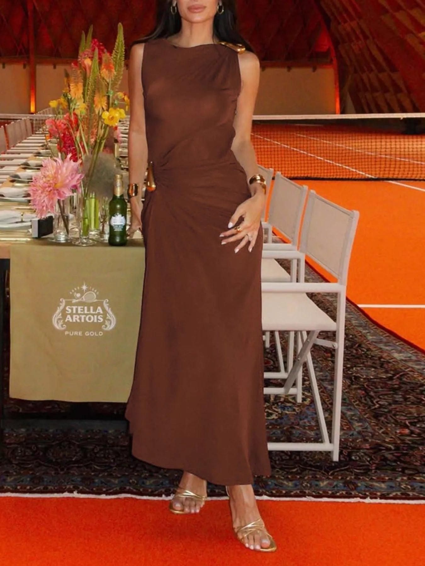 Draped Sleeveless Bodycon Maxi Dress with Metal Decorative