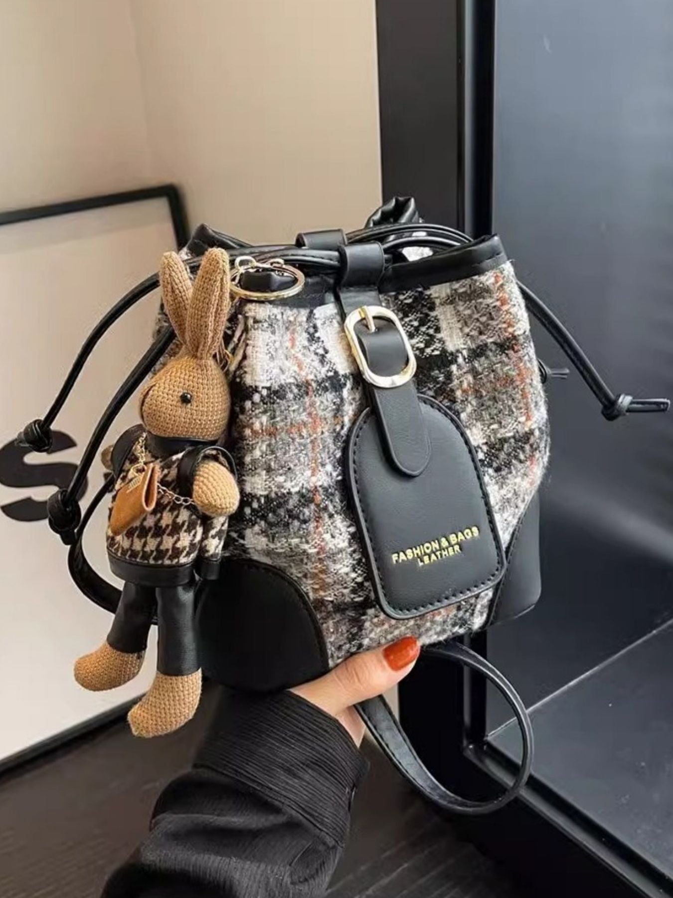 Plaid Bucket Crossbody Bag